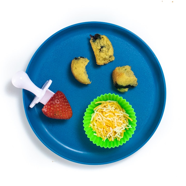 蓝色盘子里装满了幼儿或婴儿的健康小吃。