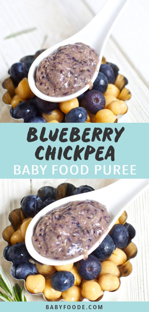 帖子的图表 - 蓝莓鹰嘴豆婴儿食品泥。图像是勺子装满蓝莓和鹰嘴豆自制婴儿食品泥。