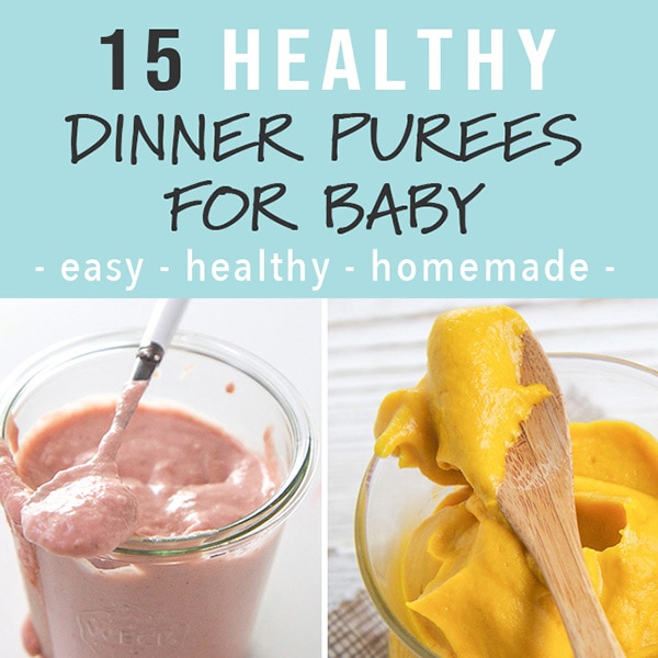 发布后15个婴儿晚餐的图形 - 易于健康 - 与婴儿食品纯照片网格。