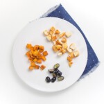 深蓝色餐巾纸上的白色圆板。盘子上是婴儿或幼儿的手指食物 - 切碎的调味鸡肉，蓝莓和地瓜