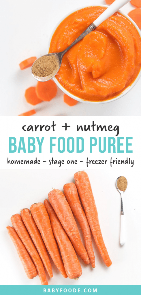 邮政图形 - 胡萝卜 +肉豆蔻婴儿食品泥 - 自制 - 第一个 -  4个以上的冰期 - 冰柜友好。图像是一个装满奶油胡萝卜泥的碗，婴儿的胡萝卜和准备煮熟的胡萝卜散布。