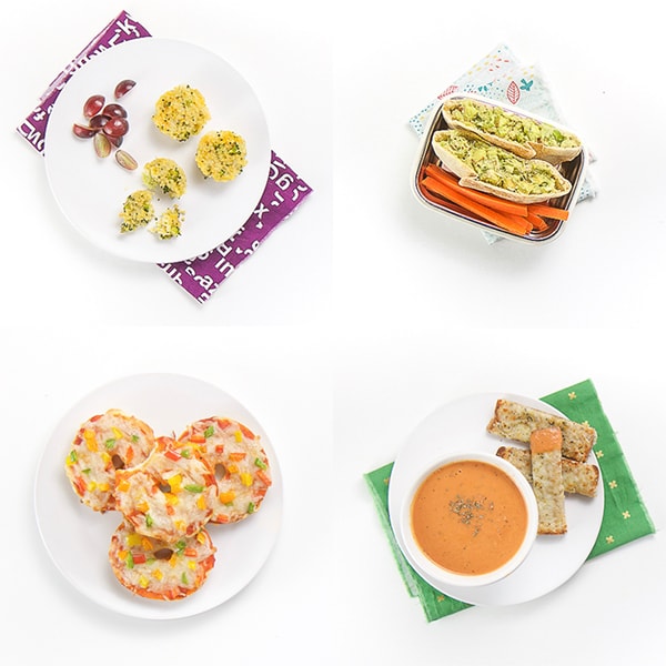 4个不同的小孩午餐想法的网格反对白色背景。