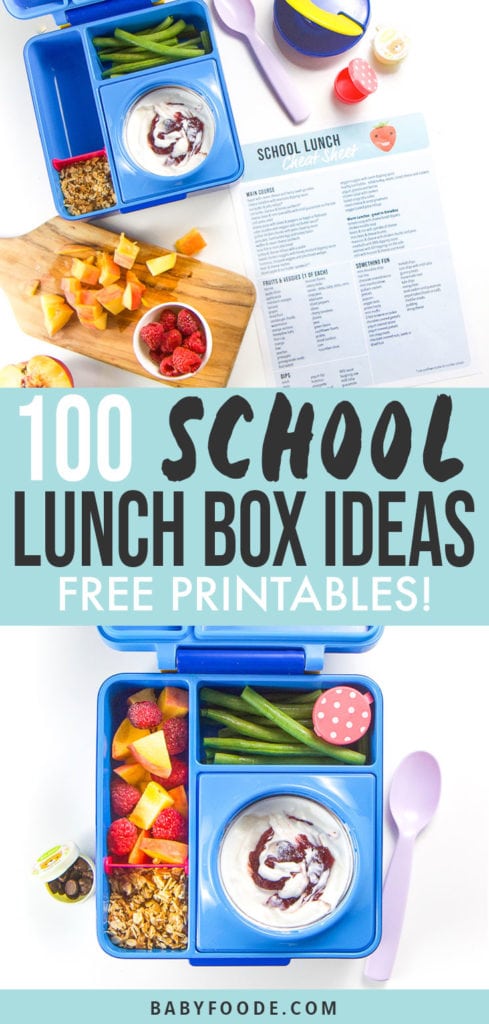 邮政100张学校午餐的图形，适合儿童，带2个免费打印的bob平台孩子，并在包装​​中间有一个便当盒，还有另一张成品便当盒的照片。
