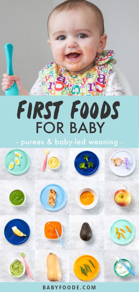 邮政图形 - 婴儿的最佳第一食物 - 果泥或婴儿LED断奶。带有婴儿吃饭的照片，以及盘子上都有婴儿泥和手指食物。