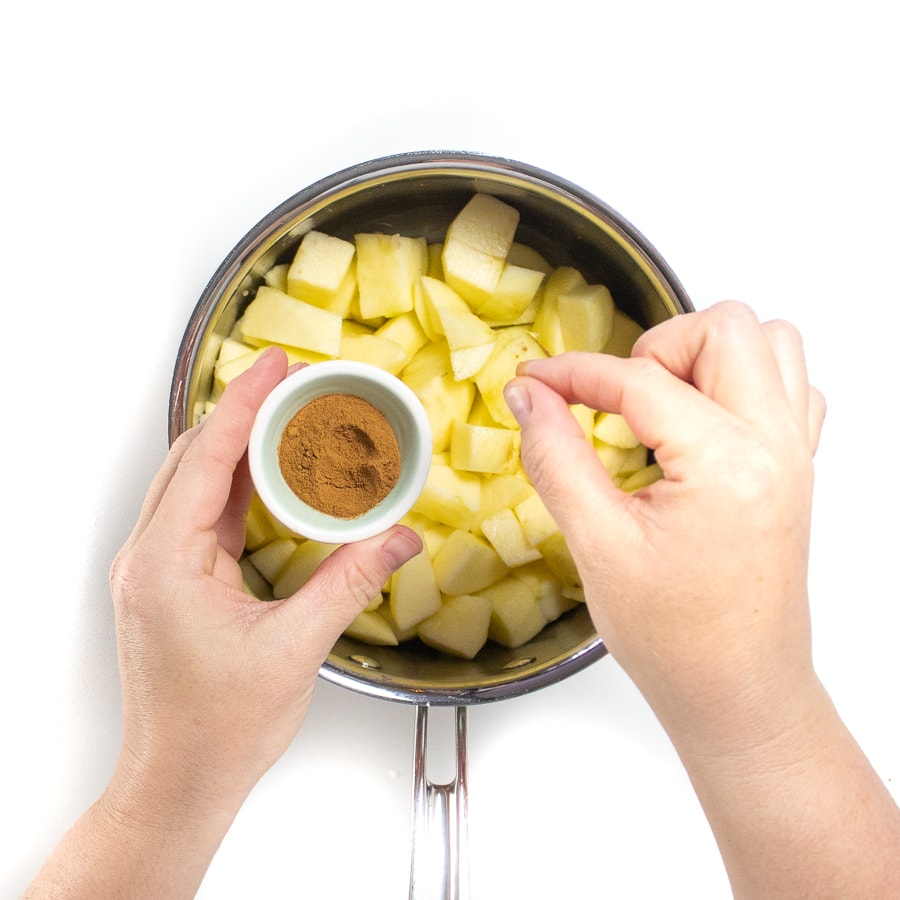 银酱锅，切碎的苹果和手伸到一小撮肉桂。