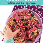 Post-Berry granola酸奶吠叫 - 小孩和孩子用小孩手批准到一个充满酸奶吠声的盘子挑选。GydF4y2Ba