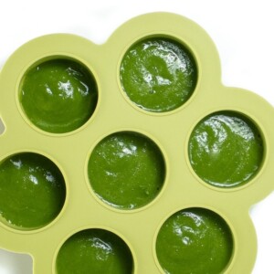 绿色的冰箱托盘，里面有绿豆泥。