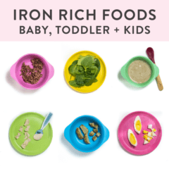 富含后富食物的婴儿，蹒跚学步和儿童的图形 - 完整的指南和50多种食谱。bob电竞网页图像位于带有富铁的食物的五颜六色的孩子盘子上。