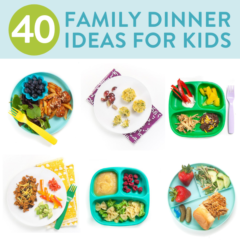 孩子们的家庭晚餐想法 - 图像位于不同彩色的孩子的网格中，里面装满了孩子们喜欢的食物。