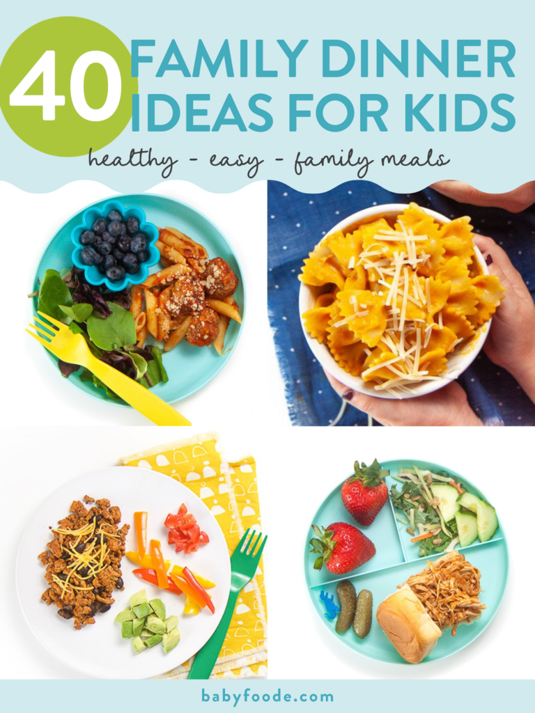 邮政图形 - 儿童40个家庭晚餐想法 - 健康 - 简单 - 家庭用餐。蓝绿色和白板上健康多彩食物的4张图片的网格。