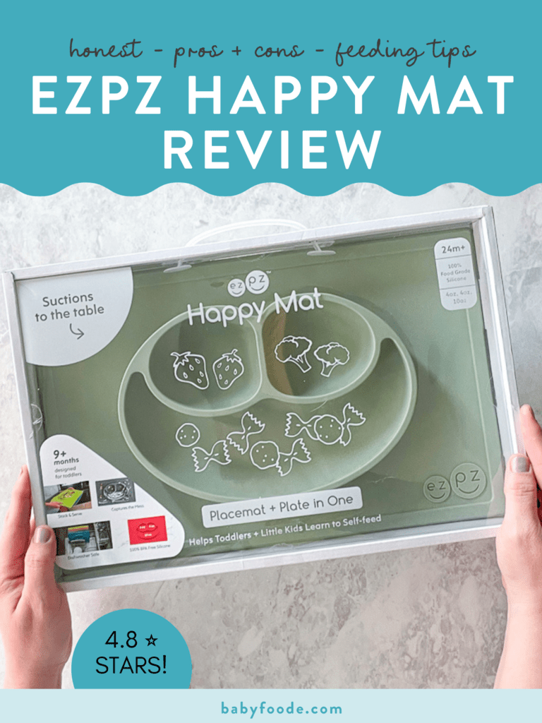 邮政图形 - 诚实，利弊，喂食技巧，EZPZ Happy Mat评论。拿着盒装鼠尾草绿色EZPZ垫的手的图像。