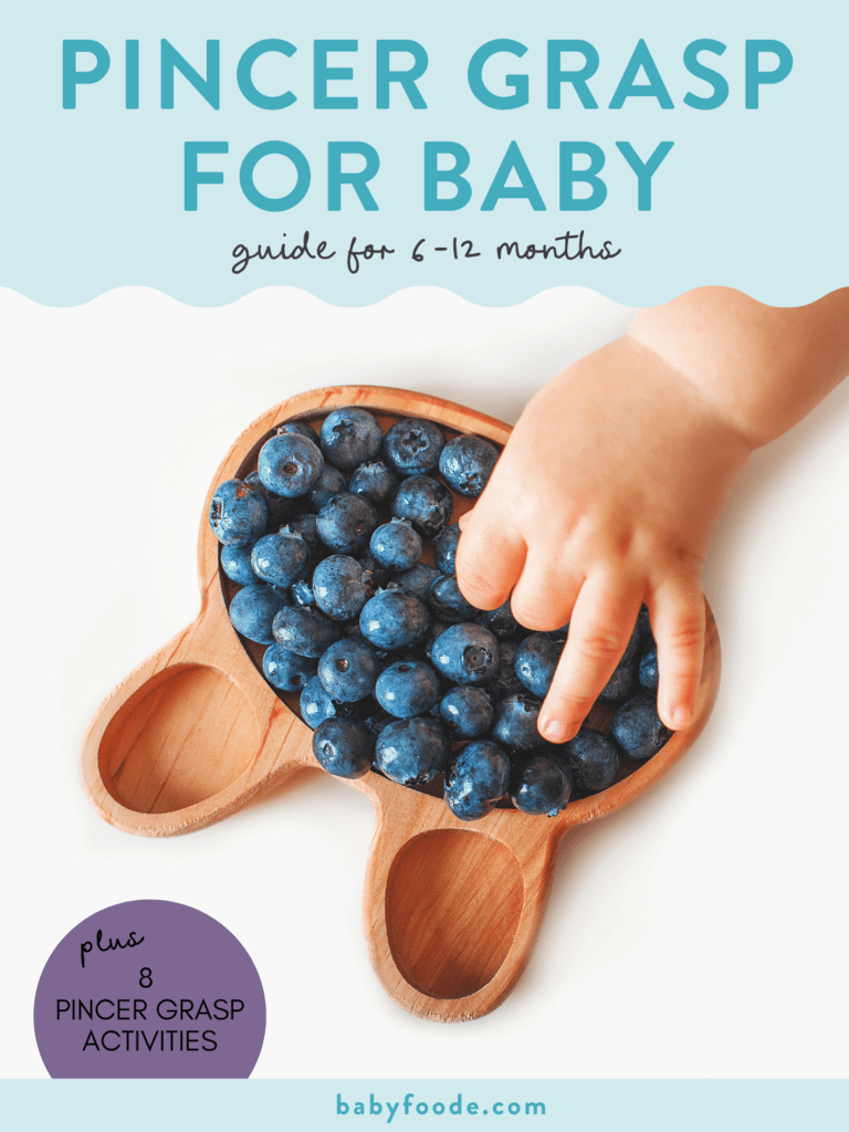 邮政图形 - 婴儿抓握 - 指南6-12个月。图像是一只婴儿手，伸手拿着装满更蓝莓的盘子。
