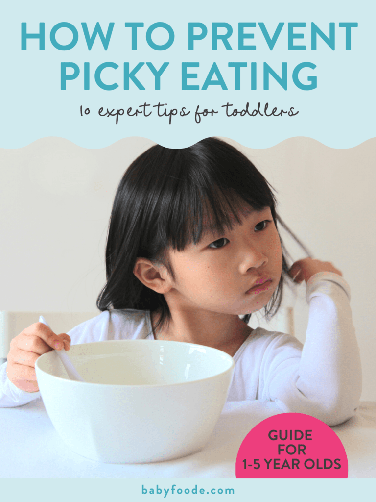 邮政图形 - 如何防止人们挑剔的饮食，10个幼儿的专家技巧。一个女孩从白色碗食物中转身的图像。