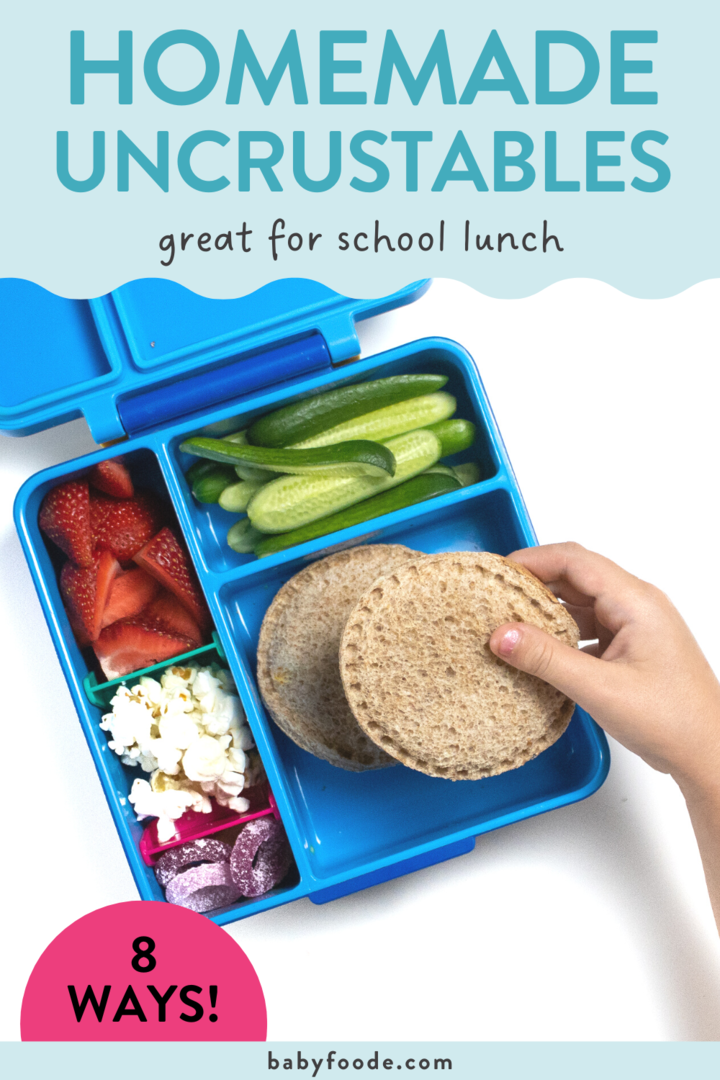 邮政图形 - 自制的不可分割 - 非常适合学校午餐。bob平台8种方法！图像是一个蓝色午餐盒的图像，有一只小孩的手，拿着不可察觉的水果和蔬菜挤满了学校。