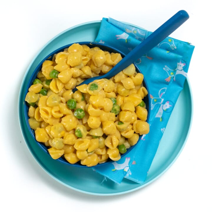 一块深蓝色的儿童盘子，上面是带有有趣的蓝色餐巾纸的浅蓝色儿童盘子，碗里装满了地瓜通心粉和豌豆奶酪。GydF4y2Ba