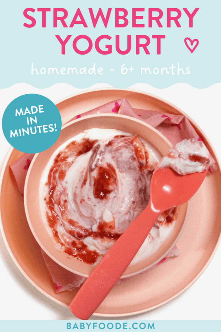 邮政图形 - 草莓酸奶，自制，6个月以上，MEDA分钟。图像是一个粉红色的碗和盘子，上面有粉红色的餐巾纸，上面有草莓泥，在酸奶中旋转着粉红色的汤匙。