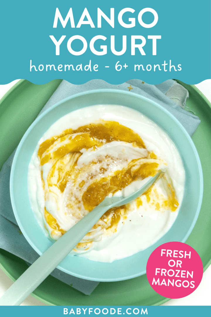 邮政图形 - 芒果酸奶，自制，6个月以上，新鲜或冷冻芒果。图像是一个蓝碗，里面装满了芒果酸奶，里面有蓝勺。