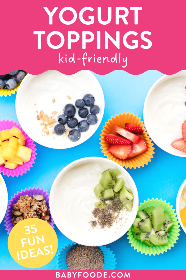 邮政的图形 - 酸奶浇头对儿童友好。图像是不同的碗和五颜六色的较小碗，带有各种酸奶水果和浇头。