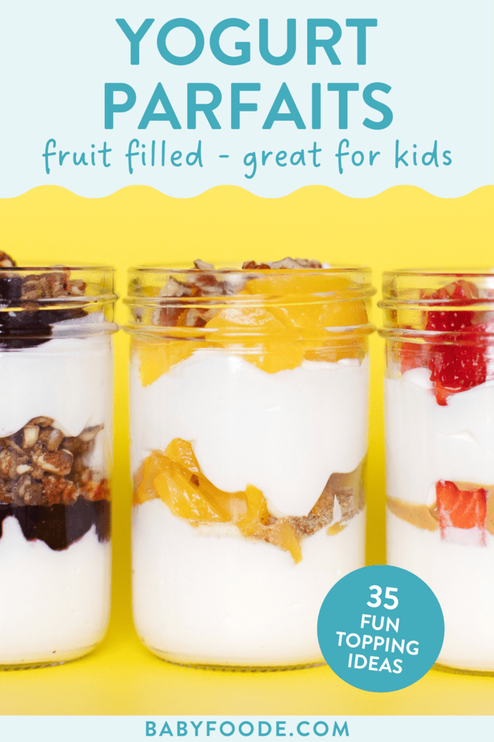 邮政图形 - 酸奶冻糕，填充水果，非常适合孩子，35个有趣的兴趣创意。三个装满酸奶的玻璃罐的图像和在黄色背景上的浇头。