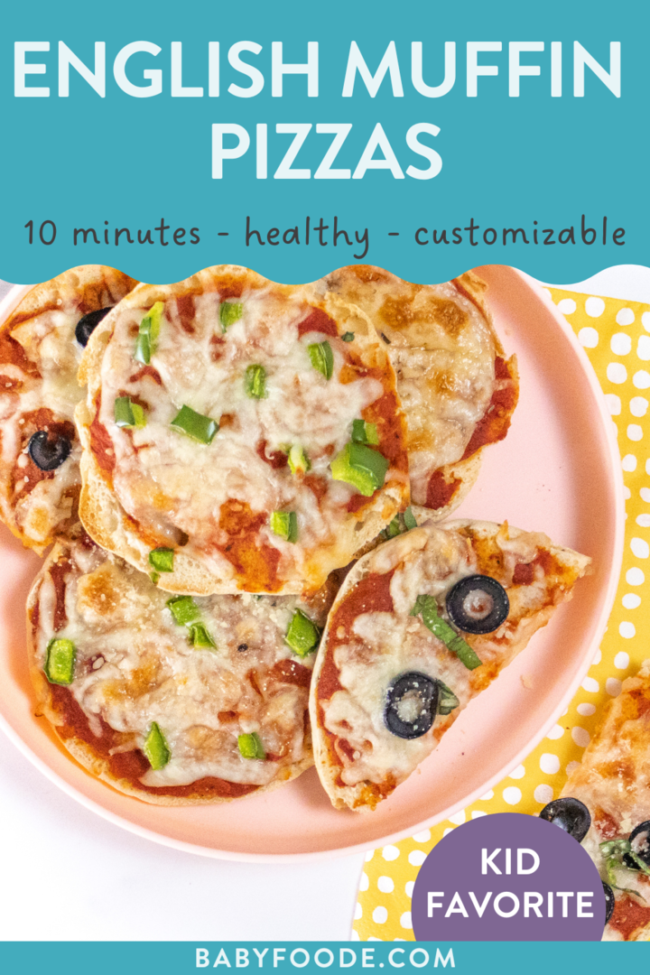 邮政图形 - 英式松饼披萨，10分钟，健康，可自定义。孩子最喜欢的。图像是粉红色的孩子板，上面装有英式松饼披萨，上面有不同的浇头。