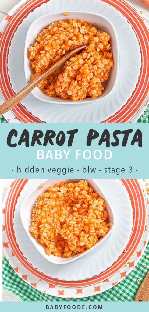 邮政的图形 - 胡萝卜面食婴儿食品 - 隐藏的蔬菜 -  BLW-阶段3。图像是一个装满食谱的方形白碗。
