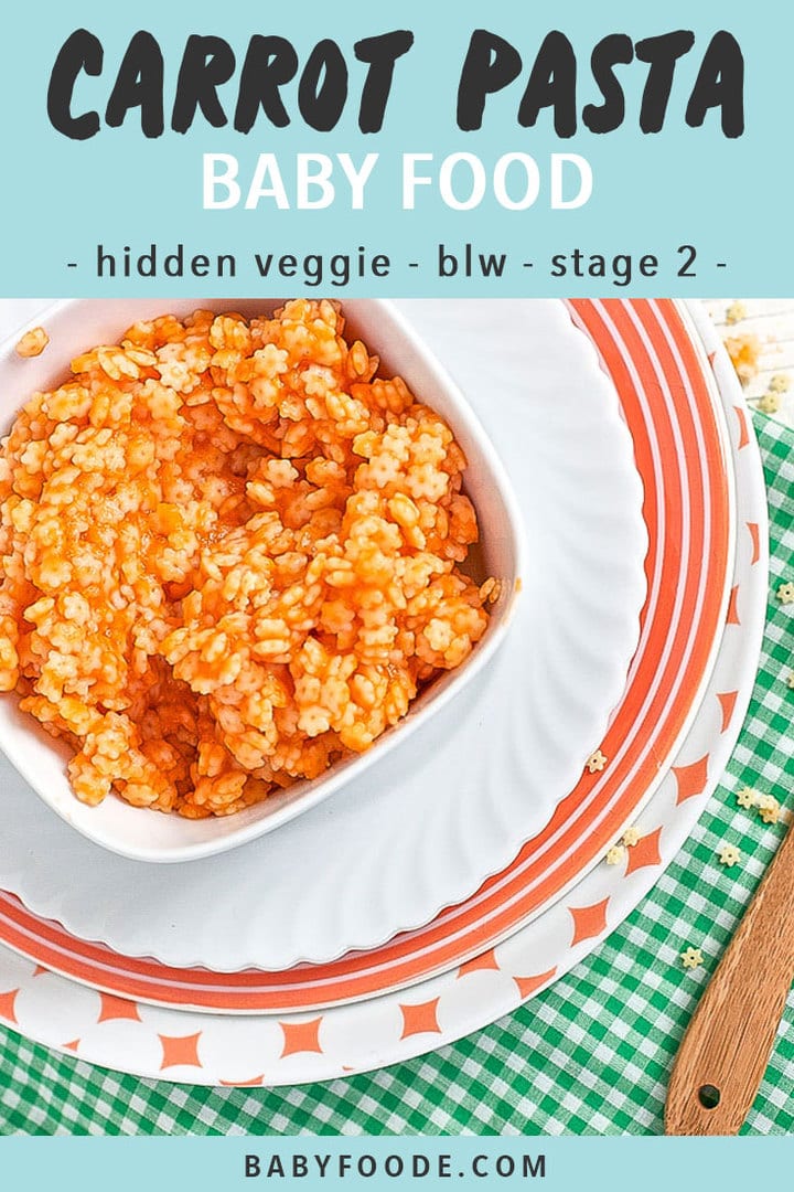 邮政图形 - 胡萝卜意大利面食品 - 隐藏的蔬菜 -  BLW-阶段3。图像是一个装满食谱的方形白碗。