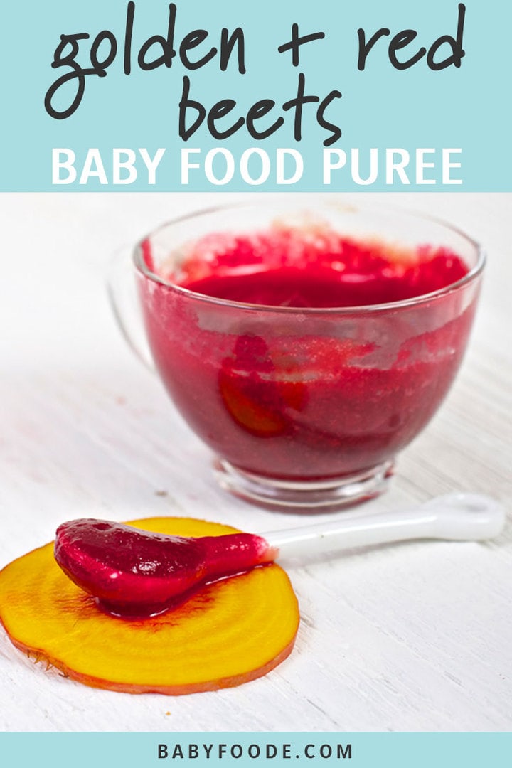 Golde+Red Beets婴儿食品Puree图形图片中装满红色甜菜的清晰罐子,前方坐着勺子,停靠在金甜菜块上