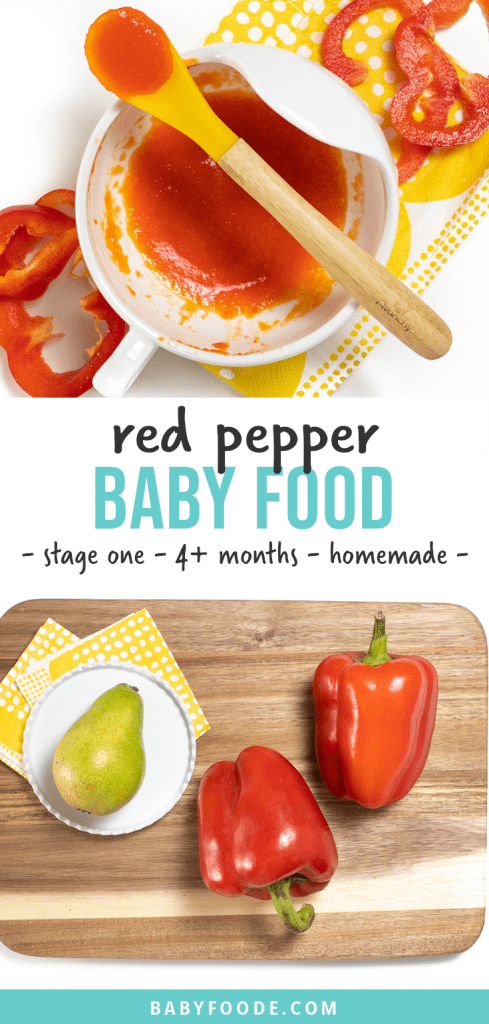 邮政图形 - 红辣椒婴儿食品 - 一阶段 -  4个以上 - 自制。图像是一个小碗，黄勺子装满了红辣椒果，婴儿。