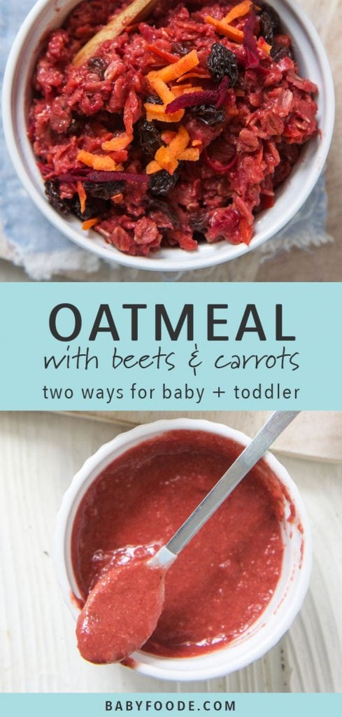 两碗蔬菜燕麦片和甜菜和胡萝卜 - 一个混合在婴儿的果泥中。