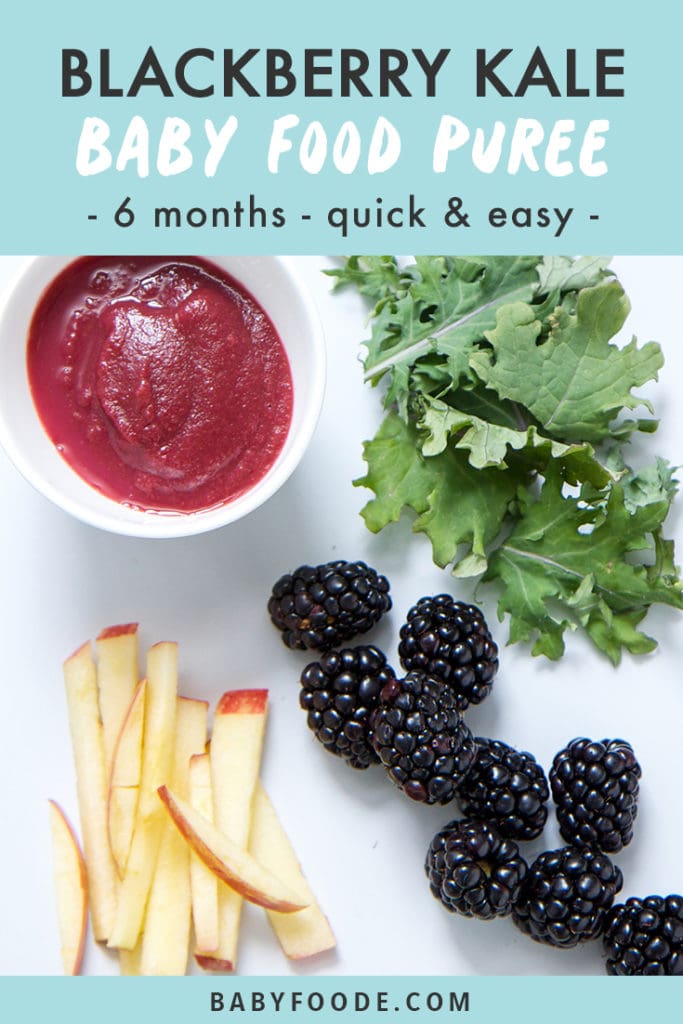 黑莓，羽衣甘蓝和苹果婴儿食品泥的Pinterest图像。