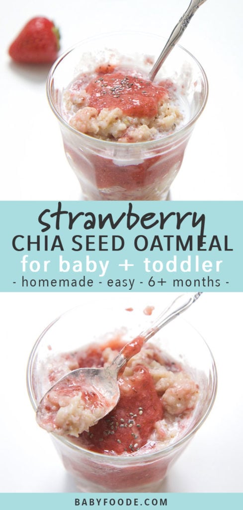 邮政的图形 - 婴儿 +幼儿的草莓chia籽燕麦片 - 自制 - 简单 -  6个月以上，带有一个充满燕麦的小透明碗的图像。