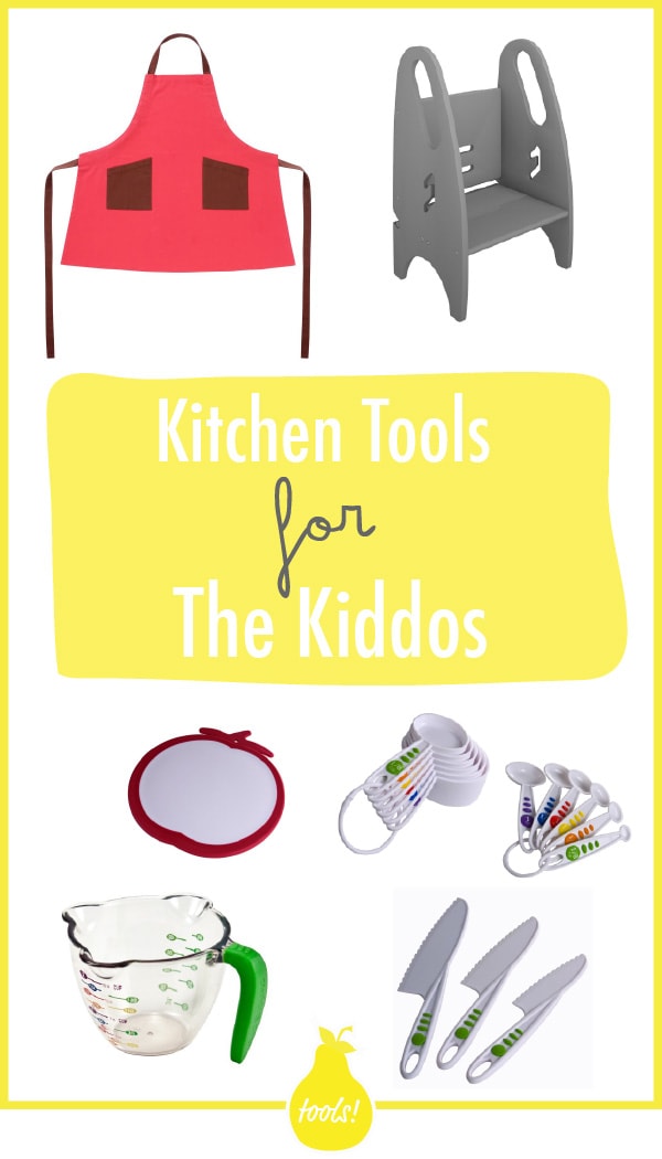 网格儿童厨房工具如围裙、计量杯子、计量勺子等