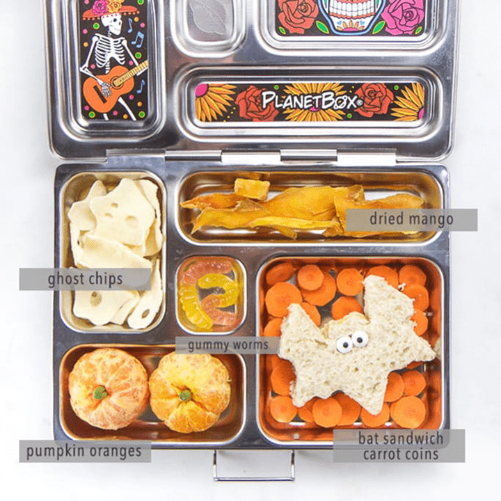 图片显示开饭盒 健康Haloween食物 内装所有标签