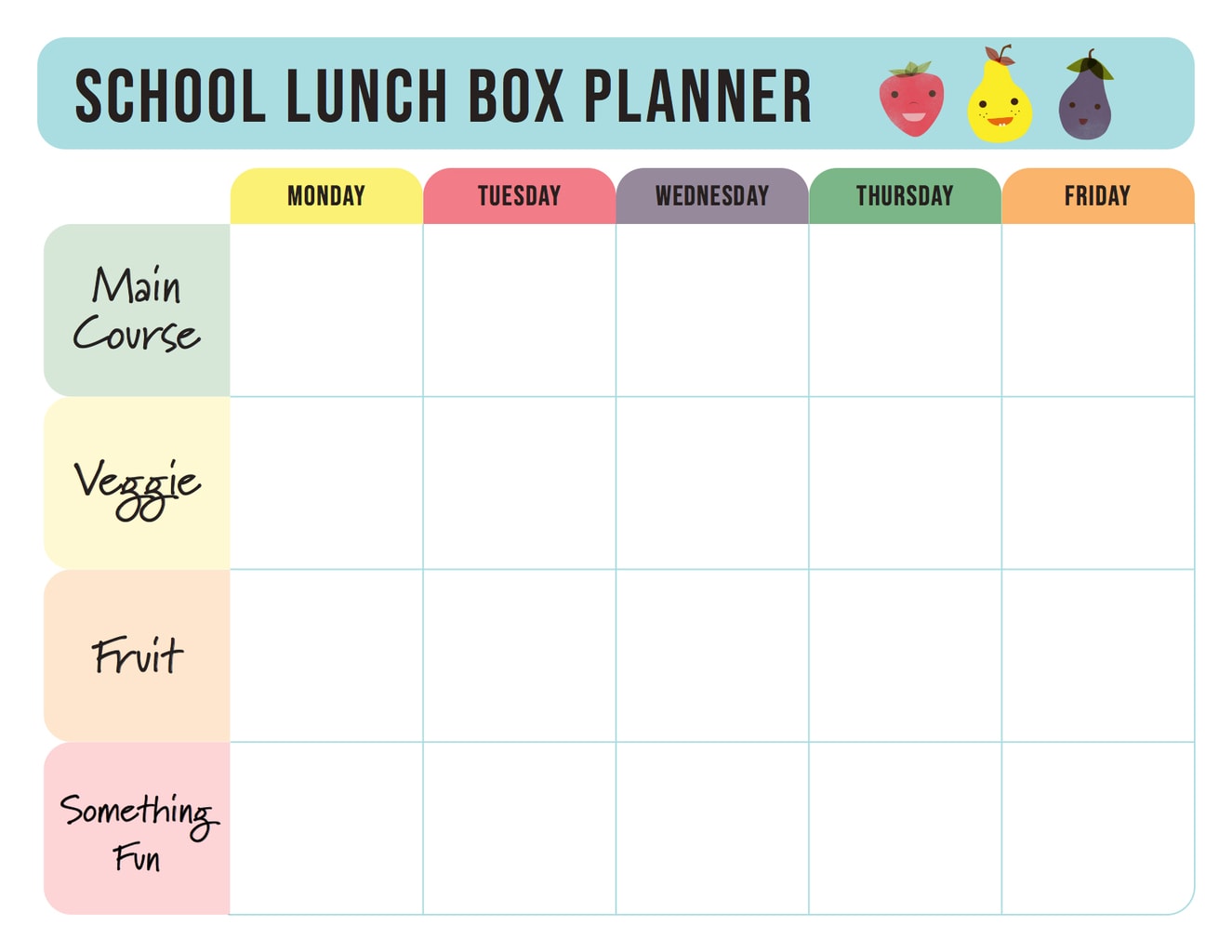 bob平台学校午餐盒规划者左侧分类主课、蔬菜、水果和趣事顶端有学周日-周一、周二、周三、周四和周五