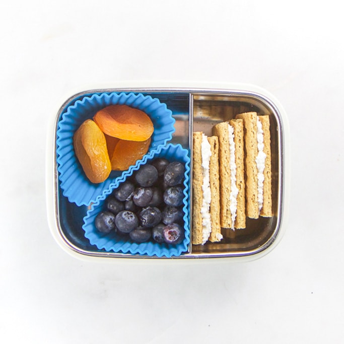 矩形小朋友便盒带健康小吃-3甘蓝饼干加奶油奶酪填充量,2松饼模子填充蓝莓和干杏