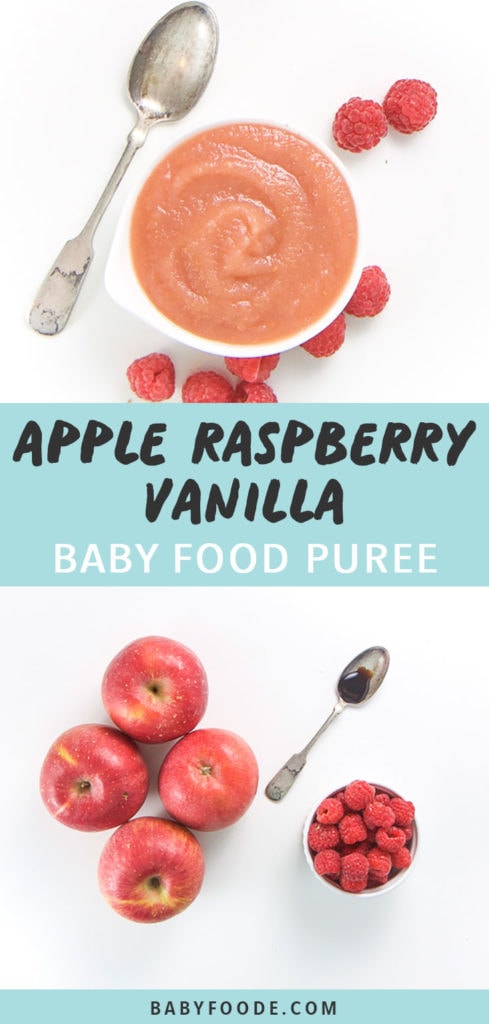 Post-Apple Raspberry小菜Puree图形小白碗上装满滑滑自制小菜,树莓分布在树上,苹果树、树莓和满勺香草散落在白后台
