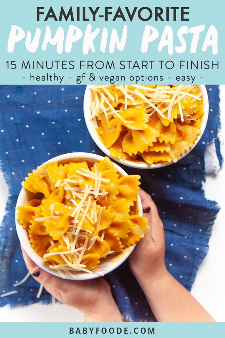 图形文章-FamilyFavrite Pumpkin Pasta-从头到尾15分钟-健康-免吃素素-易选图片显示两个小白碗装满南瓜面条 手握着一个碗