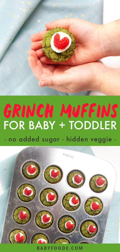 图形文章-健康grinch松饼为Baby+Todler-不加糖-隐藏veggie-两只小手手握小绿松饼和装饰松饼的微型松饼模像