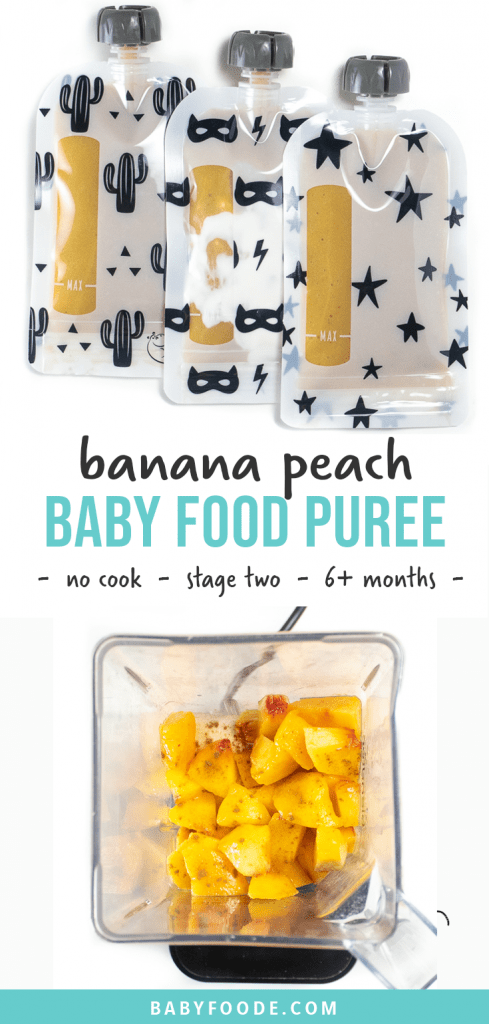 Post图形-香蕉桃小菜净化-不做饭-二至六+月图片显示3个可复用婴儿食品袋排队并装满配方素材的搅拌机