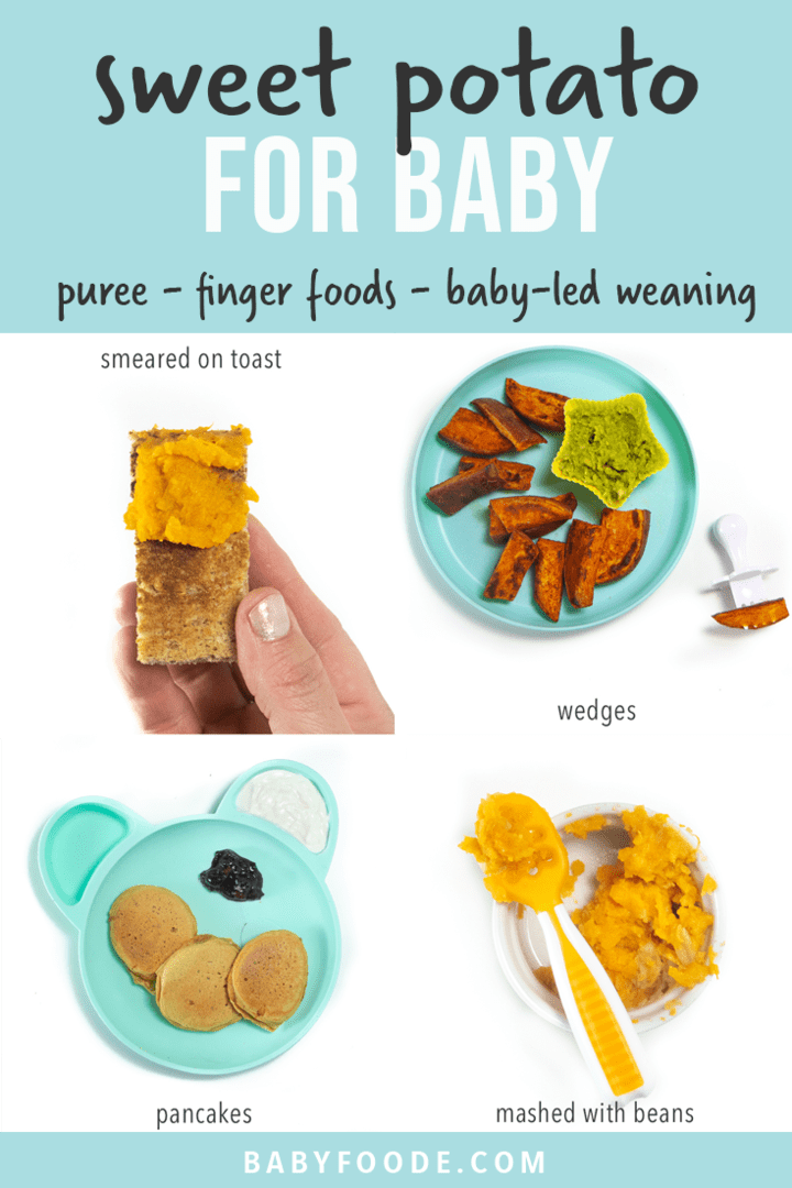 Post图形-小宝宝甜土豆-净化物、指头食品、由婴儿引导断奶图片显示以不同方式向婴儿提供甜土豆