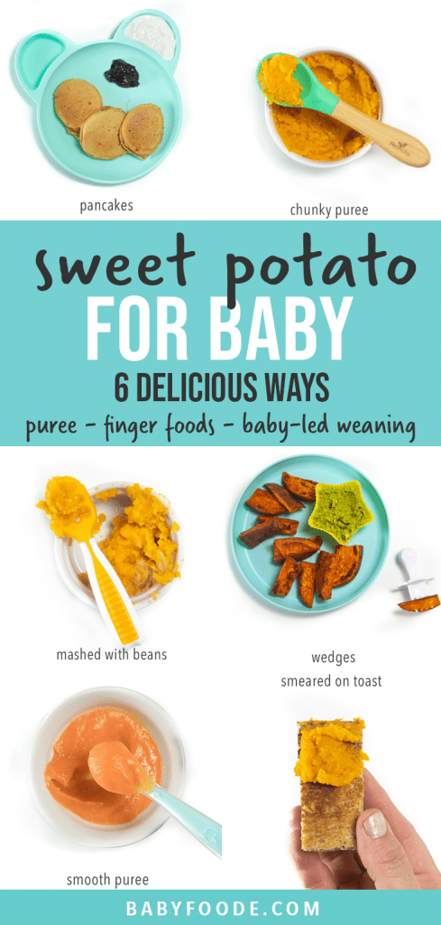 Post图形-小宝宝甜土豆-净化物、指头食品、由婴儿引导断奶图片显示以不同方式向婴儿提供甜土豆