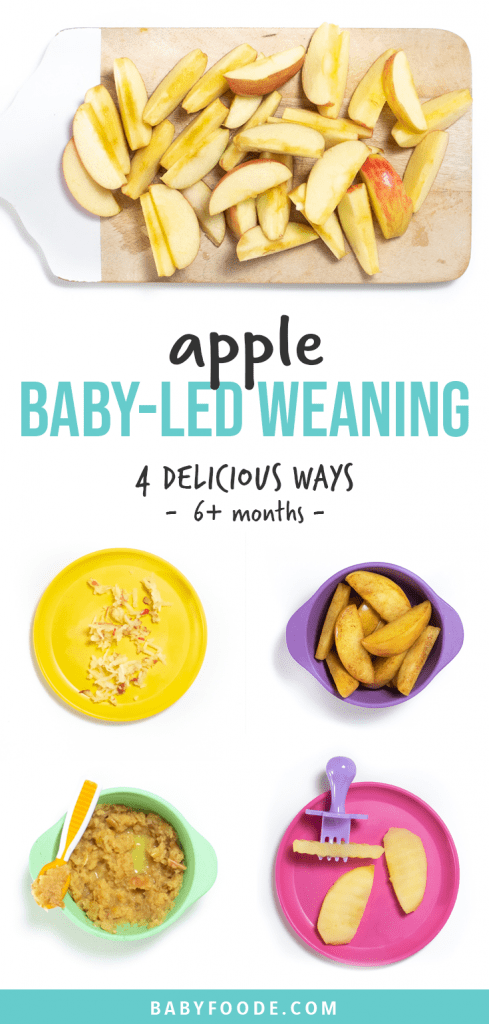 Post-Apple断奶-4美味方法-6+月图片网格有亮色板状图 以不同方式向婴儿服务苹果