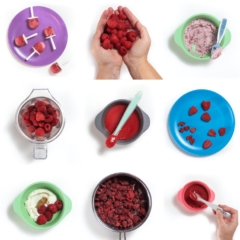 图片网格多彩小盘、碗和勺子显示树莓净化物、指食和扩展