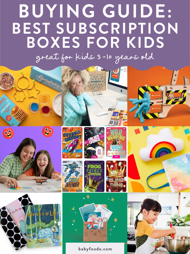图形文章-购买指南:儿童最佳订阅箱-3-10岁儿童大图片由多色布局组成 产品和孩子们使用盒