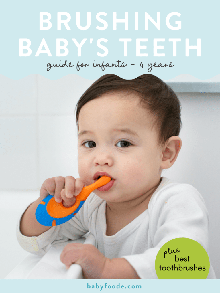 图片发布-刷子-婴儿牙-婴儿指南-4年图片显示婴儿白背景,嘴上握着橙蓝牙刷