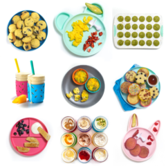 帖子图形 - 儿童100早餐 - 图像在彩色儿童碗和盘子上充满健康食品的白色背景中的图像。