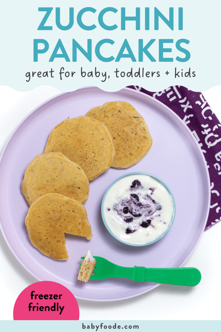 图片发布-Zucchini薄饼-对婴儿、学童和孩子都大有裨益图片显示紫色小朋友盘加4苏契尼煎饼和小碗加酸奶
