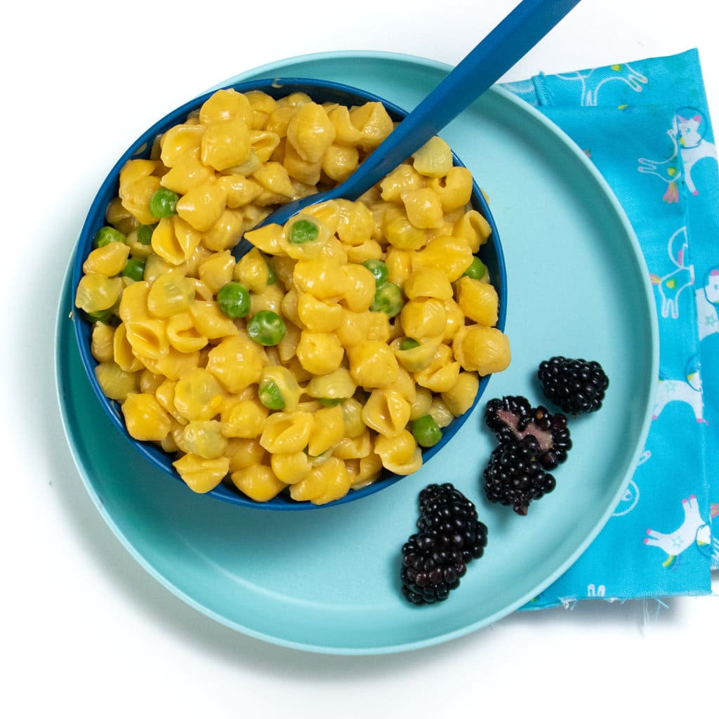 一块深蓝色的儿童盘子，上面是带有有趣的蓝色餐巾纸的浅蓝色儿童盘子，碗里装满了地瓜通心粉和豌豆奶酪。