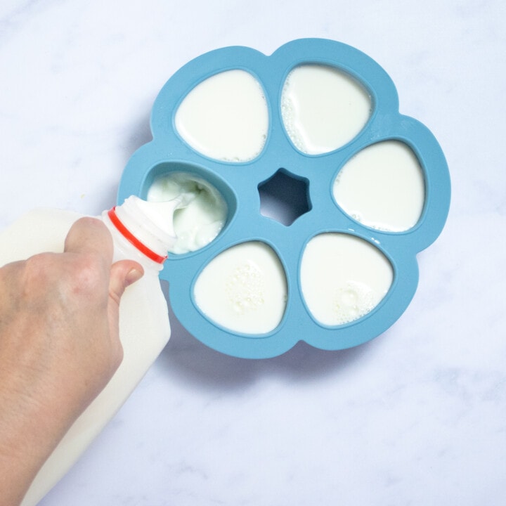手握一壶牛奶 倒进小冰箱碗