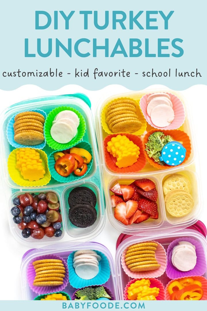 bob平台图形文章-diy火鸡午餐可定制性、小朋友偏爱、学校午餐bob平台图片显示一排学校午餐盒填满火鸡、奶酪、饼干、水果、蔬菜和白顶柜